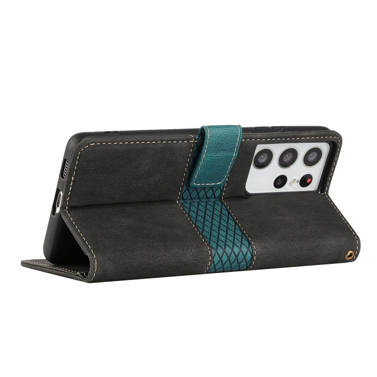 For Samsung Galaxy S21 Ultra 5G Grid Stitching Leather Phone Case with Lanyard(Black)
