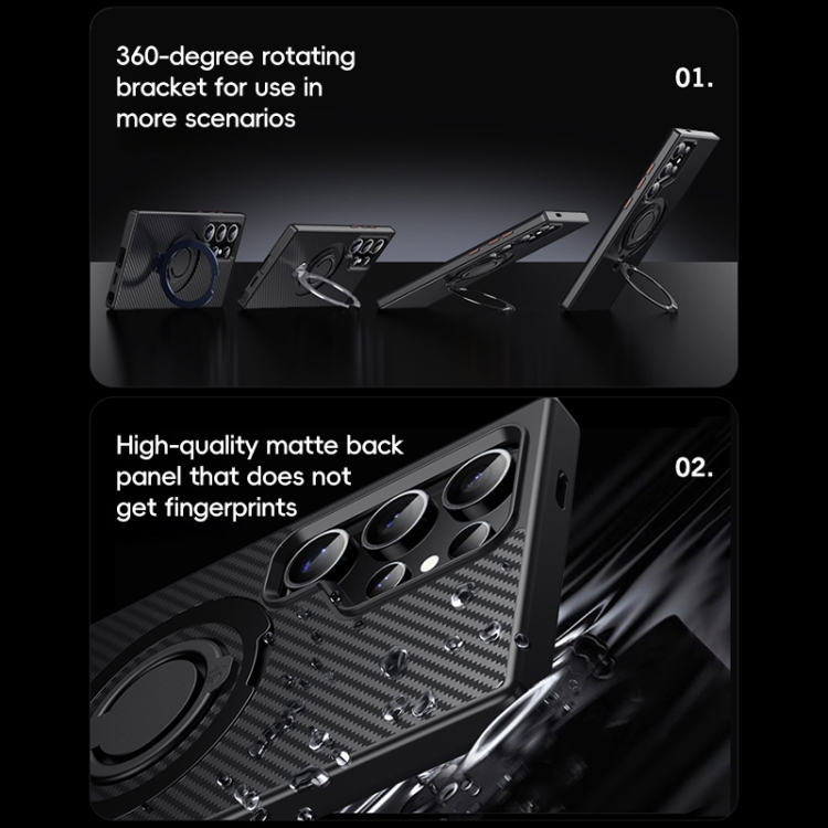 For Samsung Galaxy S24 Ultra 5G Carbon Fiber MagSafe Phone Case with 360 Degree Rotating Holder(Black Grey)