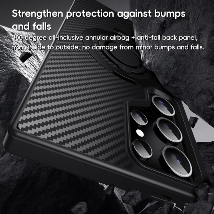 For Samsung Galaxy S24 Ultra 5G Carbon Fiber MagSafe Phone Case with 360 Degree Rotating Holder(Black Grey)