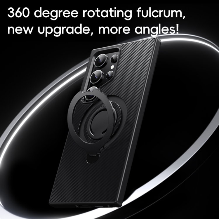 For Samsung Galaxy S24 Ultra 5G Carbon Fiber MagSafe Phone Case with 360 Degree Rotating Holder(Black Grey)