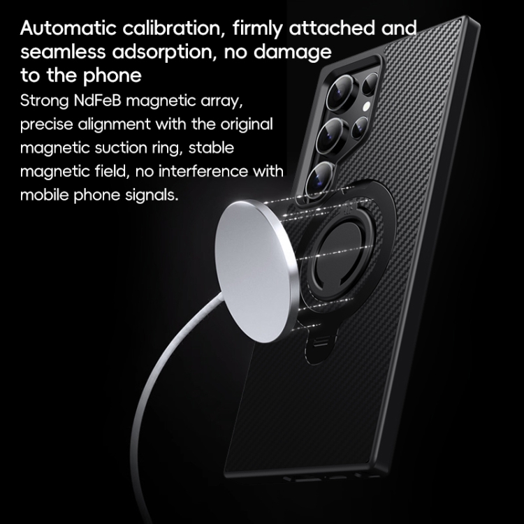 For Samsung Galaxy S24 Ultra 5G Carbon Fiber MagSafe Phone Case with 360 Degree Rotating Holder(Black Grey)
