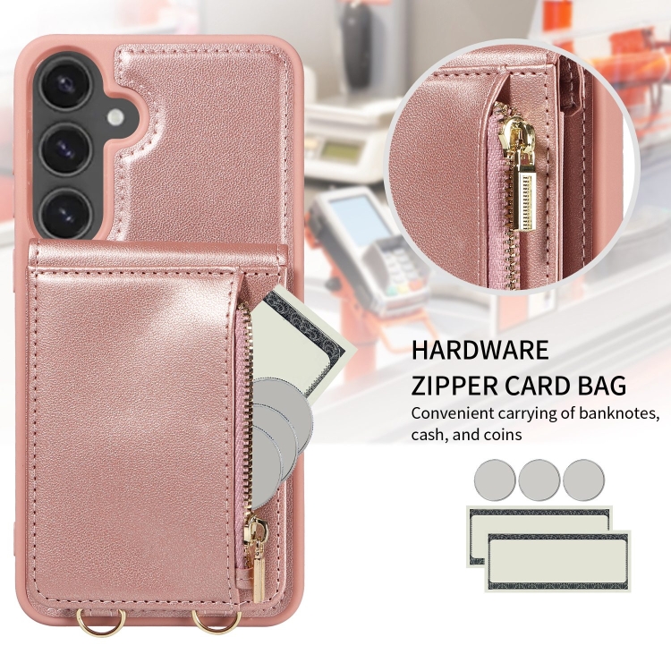 For Samsung Galaxy S24 FE 5G Crossbody Lanyard Zipper Wallet Leather Phone Case(Rose Gold) For Samsung Galaxy S24 FE 5G Crossbody Lanyard Zipper Wallet Leather Phone Case(Rose Gold)