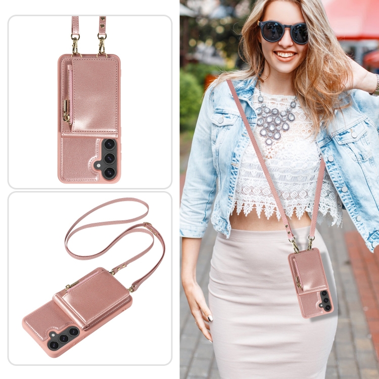For Samsung Galaxy S24 FE 5G Crossbody Lanyard Zipper Wallet Leather Phone Case(Rose Gold) For Samsung Galaxy S24 FE 5G Crossbody Lanyard Zipper Wallet Leather Phone Case(Rose Gold)