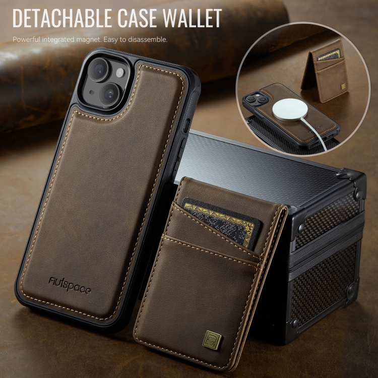 For iPhone 14 Plus AutSpace A12 MagSafe Magnetic RFID Card Bag Phone Case(Coffee) For iPhone 14 Plus AutSpace A12 MagSafe Magnetic RFID Card Bag Phone Case(Coffee)