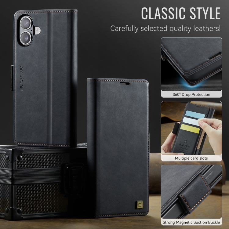 For iPhone 16 Plus AutSpace A11 Side Buckle MagSafe Magnetic RFID Phone Leather Case(Black) For iPhone 16 Plus AutSpace A11 Side Buckle MagSafe Magnetic RFID Phone Leather Case(Black)
