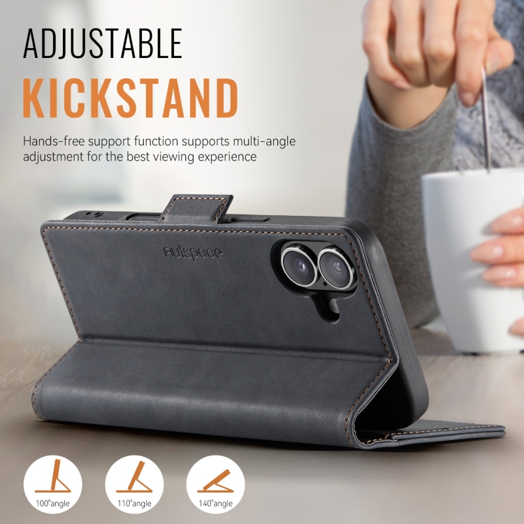For iPhone 16 Plus AutSpace A11 Side Buckle MagSafe Magnetic RFID Phone Leather Case(Black) For iPhone 16 Plus AutSpace A11 Side Buckle MagSafe Magnetic RFID Phone Leather Case(Black)
