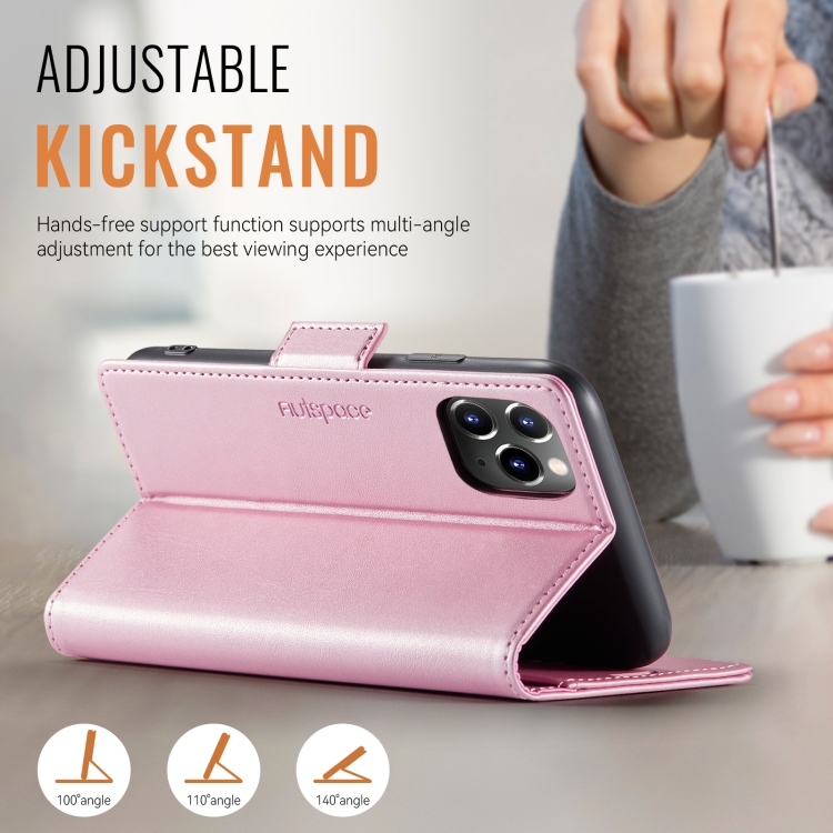 For iPhone 11 Pro AutSpace A11 Side Buckle MagSafe Magnetic RFID Phone Leather Case(Rose Gold)