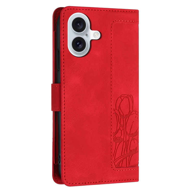 For iPhone 16 Tulips Embossed Leather Phone Case with Lanyard(Red) For iPhone 16 Tulips Embossed Leather Phone Case with Lanyard(Red)
