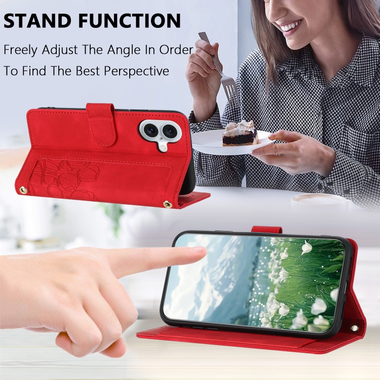 For iPhone 16 Tulips Embossed Leather Phone Case with Lanyard(Red) For iPhone 16 Tulips Embossed Leather Phone Case with Lanyard(Red)