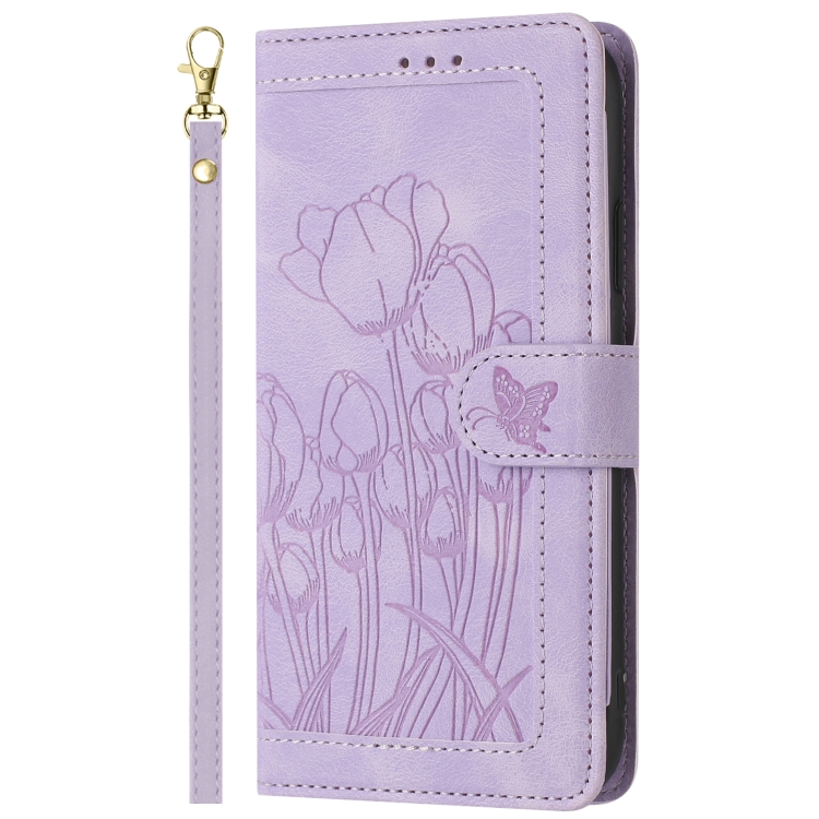 For iPhone 15 Tulips Embossed Leather Phone Case with Lanyard(Purple)