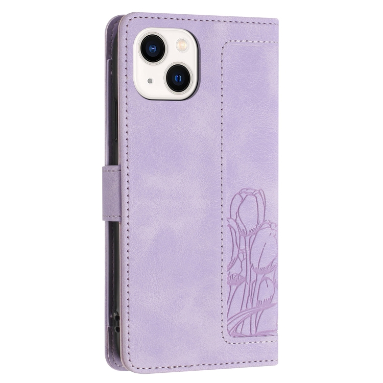 For iPhone 15 Tulips Embossed Leather Phone Case with Lanyard(Purple)