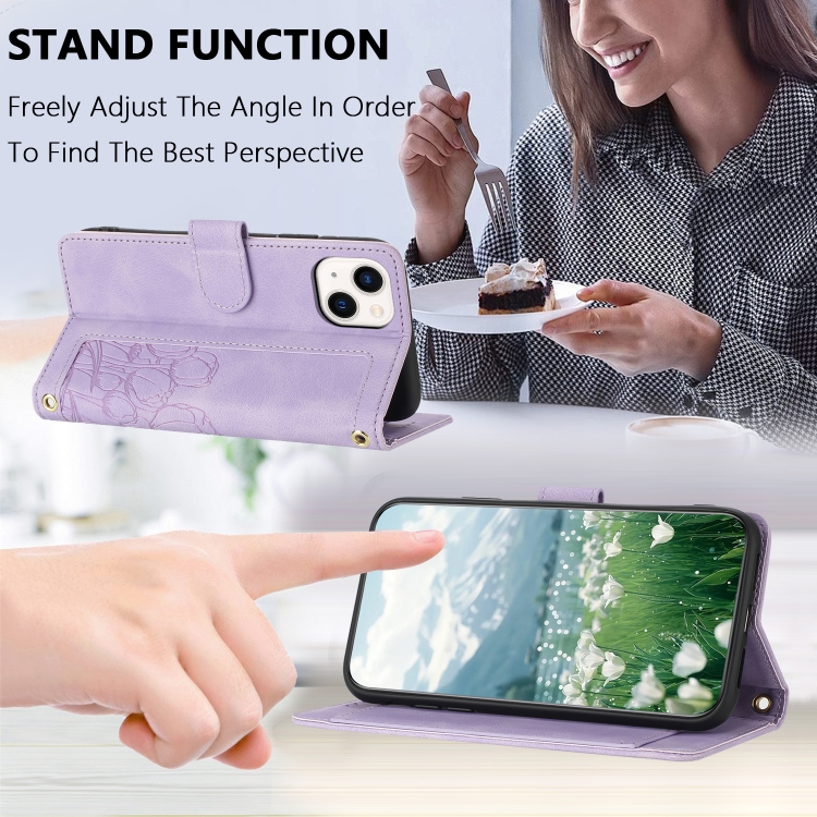 For iPhone 15 Tulips Embossed Leather Phone Case with Lanyard(Purple)