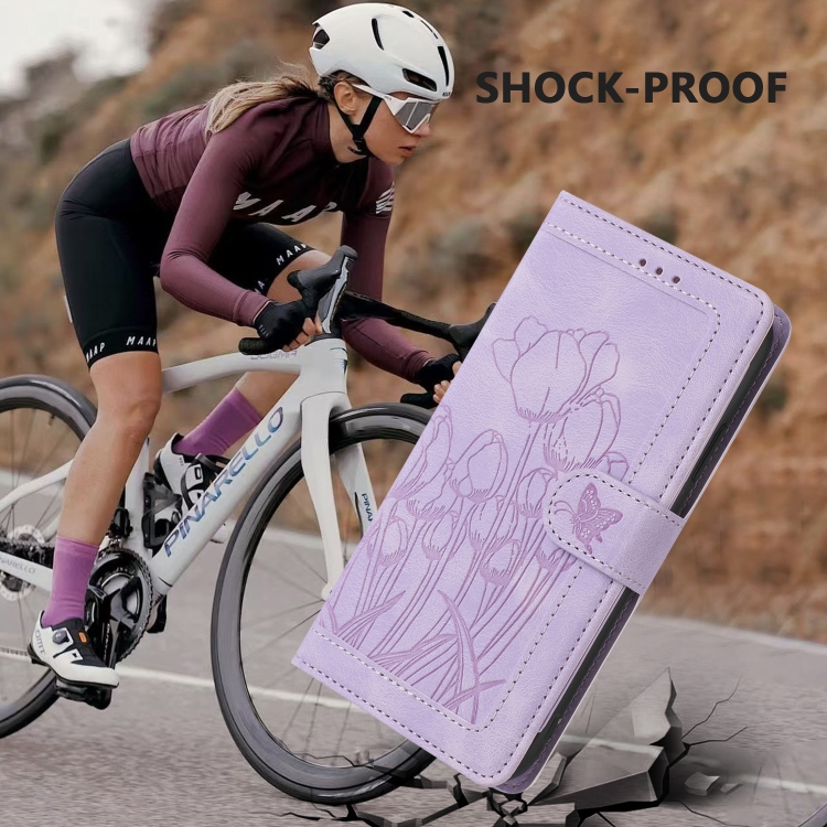 For iPhone 15 Tulips Embossed Leather Phone Case with Lanyard(Purple)