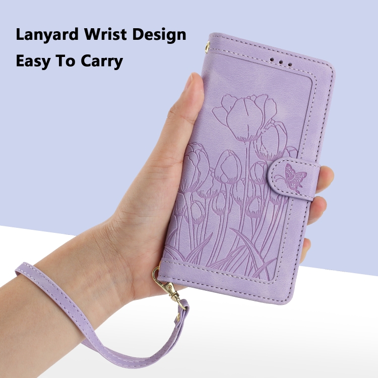 For iPhone 15 Tulips Embossed Leather Phone Case with Lanyard(Purple)