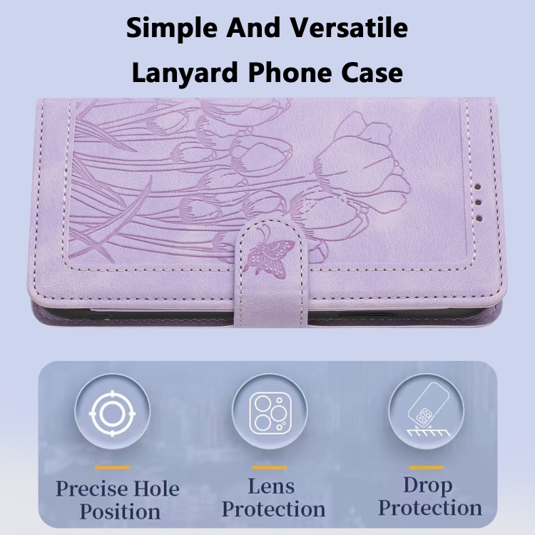 For iPhone 15 Tulips Embossed Leather Phone Case with Lanyard(Purple)