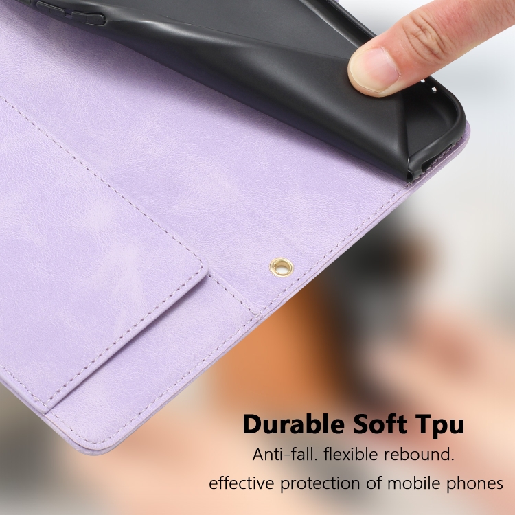 For iPhone 15 Tulips Embossed Leather Phone Case with Lanyard(Purple)