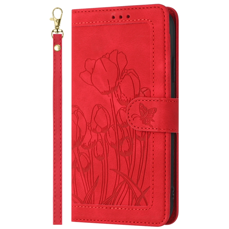 For iPhone 14 Tulips Embossed Leather Phone Case with Lanyard(Red) - 1