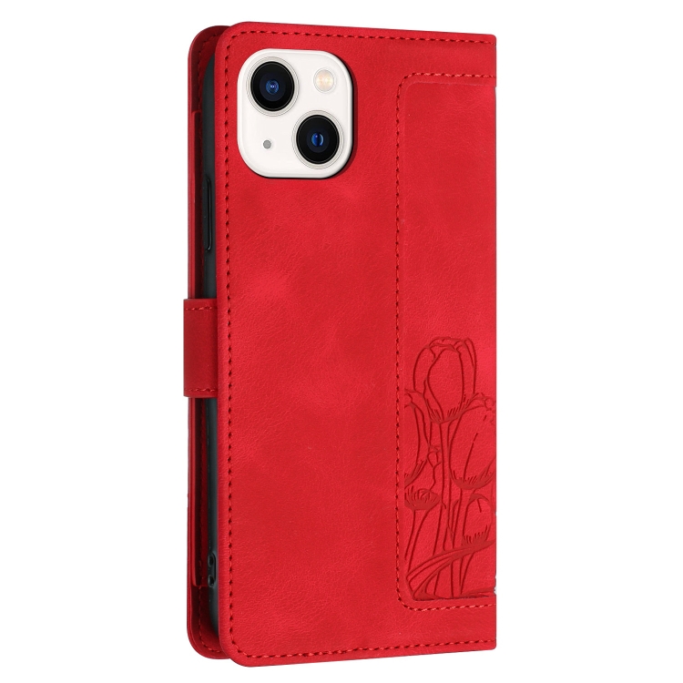 For iPhone 14 Tulips Embossed Leather Phone Case with Lanyard(Red) - 2