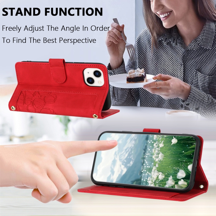 For iPhone 14 Tulips Embossed Leather Phone Case with Lanyard(Red) - 4