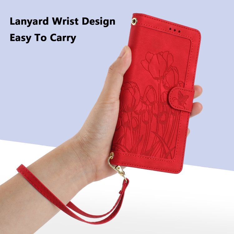For iPhone 14 Tulips Embossed Leather Phone Case with Lanyard(Red) - 6