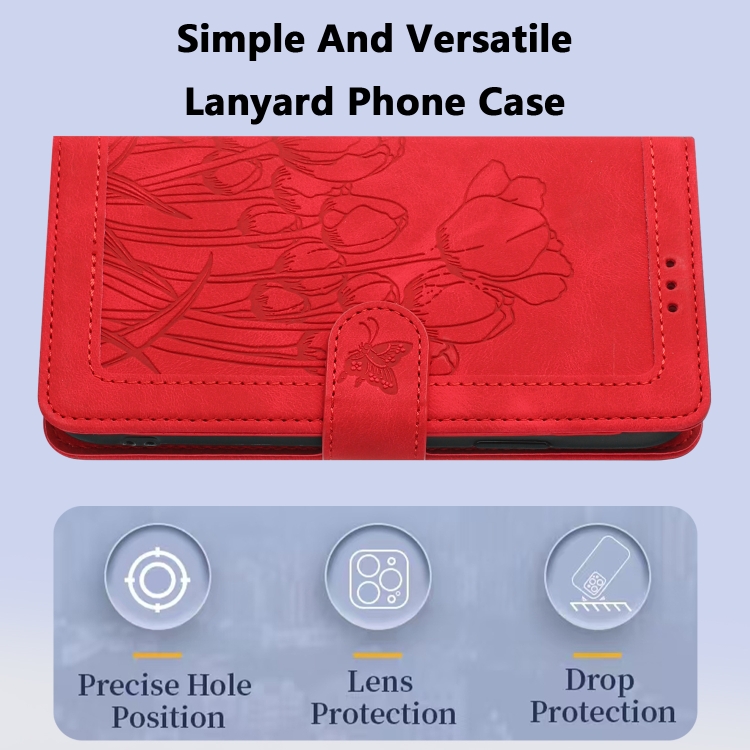 For iPhone 14 Tulips Embossed Leather Phone Case with Lanyard(Red) - 7