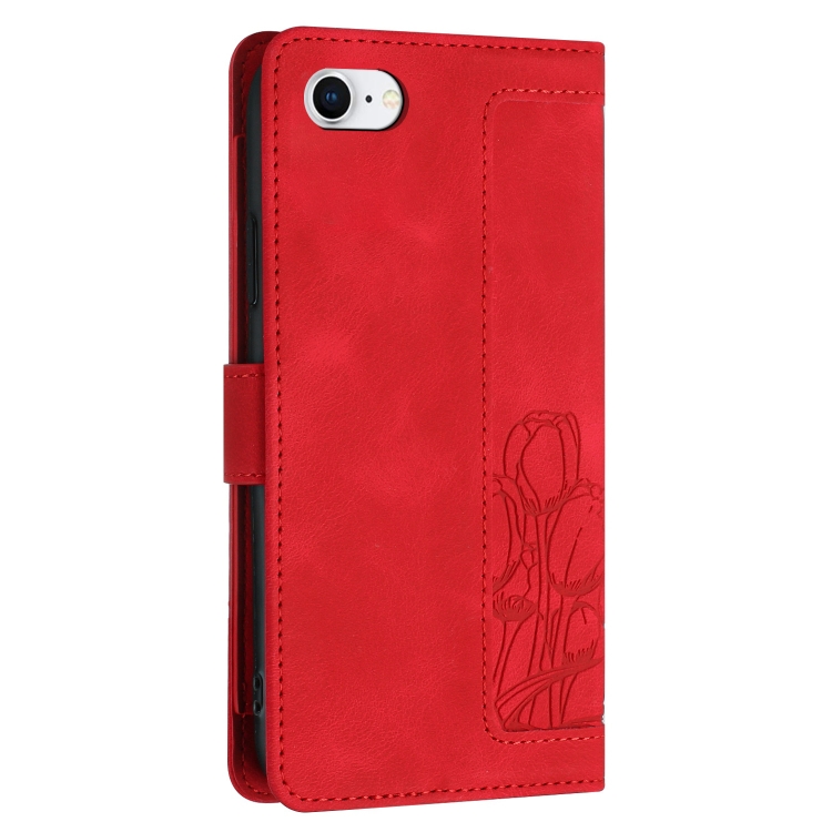 For iPhone SE 2022 / 2020 Tulips Embossed Leather Phone Case with Lanyard(Red) For iPhone SE 2022 / 2020 Tulips Embossed Leather Phone Case with Lanyard(Red)