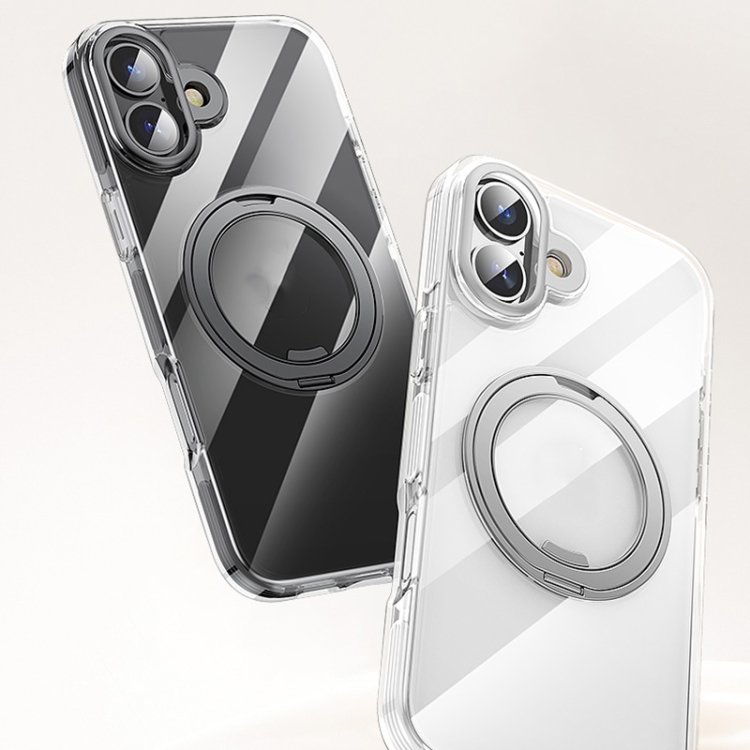For iPhone 16 Gear Plating PC 360 Ring Holder Magsafe Phone Case(Transparent Black) For iPhone 16 Gear Plating PC 360 Ring Holder Magsafe Phone Case(Transparent Black)