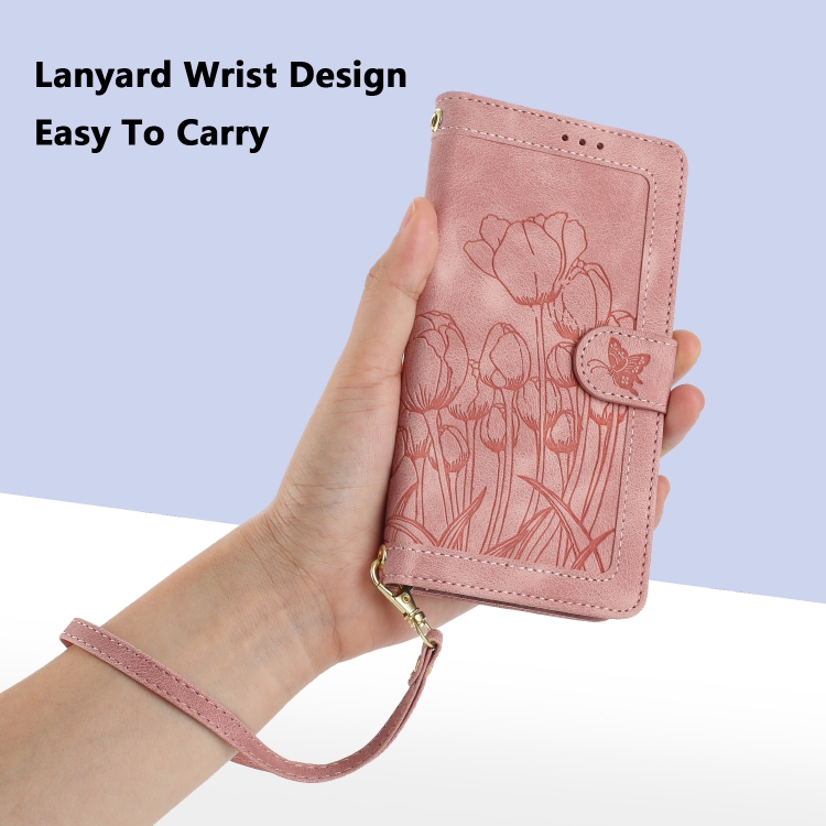 For Samsung Galaxy S25 5G Tulips Embossed Leather Phone Case with Lanyard(Pink) For Samsung Galaxy S25 5G Tulips Embossed Leather Phone Case with Lanyard(Pink)
