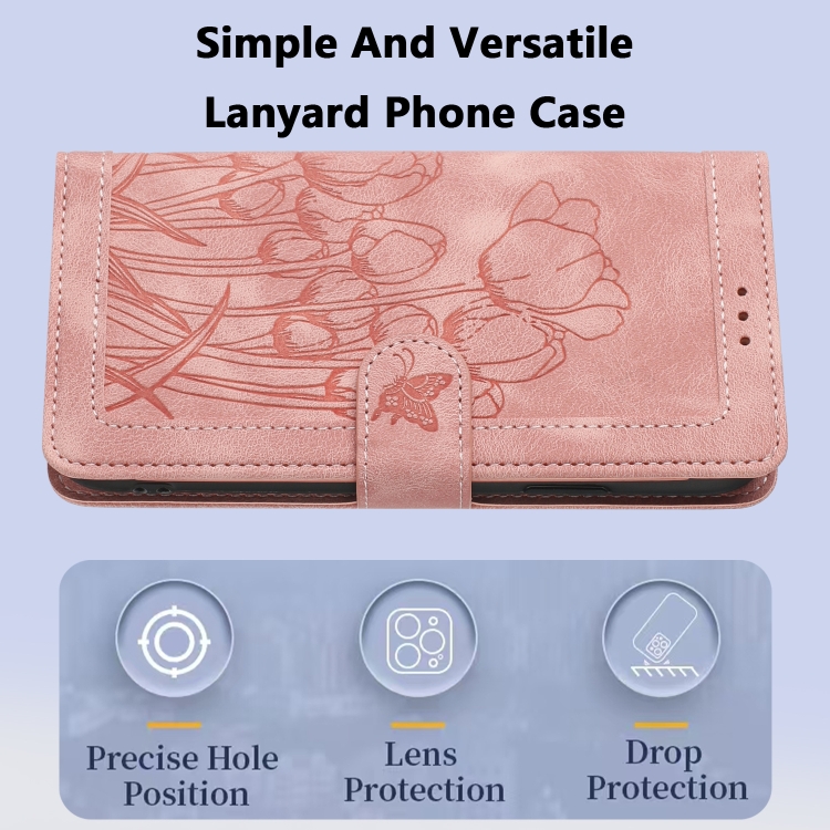 For Samsung Galaxy S25 5G Tulips Embossed Leather Phone Case with Lanyard(Pink) For Samsung Galaxy S25 5G Tulips Embossed Leather Phone Case with Lanyard(Pink)