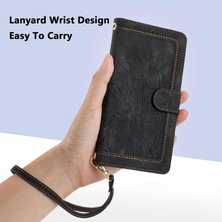 For Samsung Galaxy S24 Ultra 5G Tulips Embossed Leather Phone Case with Lanyard(Black) For Samsung Galaxy S24 Ultra 5G Tulips Embossed Leather Phone Case with Lanyard(Black)