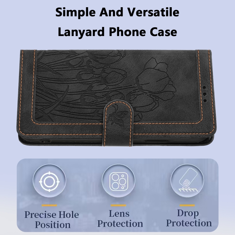 For Samsung Galaxy S24 Ultra 5G Tulips Embossed Leather Phone Case with Lanyard(Black) For Samsung Galaxy S24 Ultra 5G Tulips Embossed Leather Phone Case with Lanyard(Black)