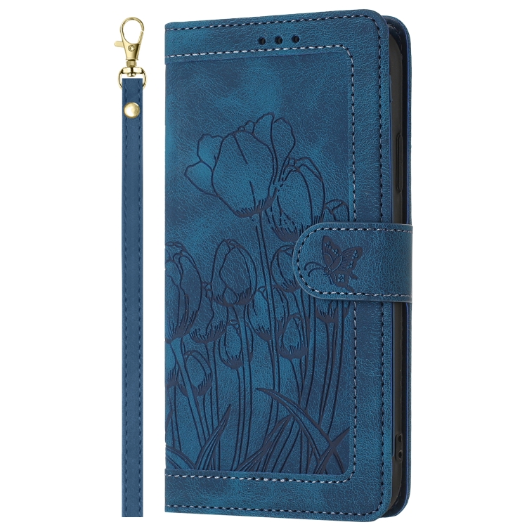 For Samsung Galaxy S23 Ultra 5G Tulips Embossed Leather Phone Case with Lanyard(Blue)