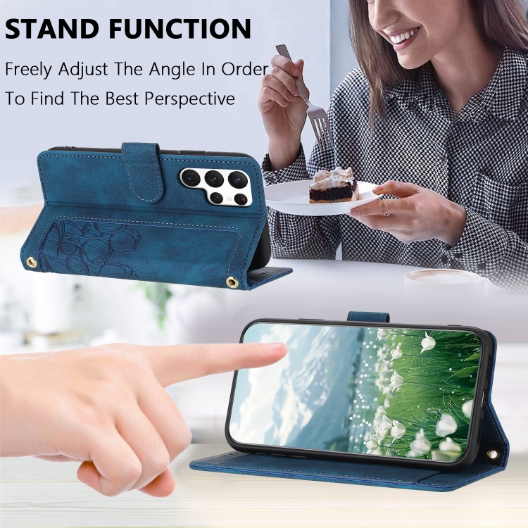 For Samsung Galaxy S23 Ultra 5G Tulips Embossed Leather Phone Case with Lanyard(Blue)