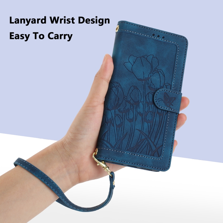 For Samsung Galaxy S23 Ultra 5G Tulips Embossed Leather Phone Case with Lanyard(Blue)