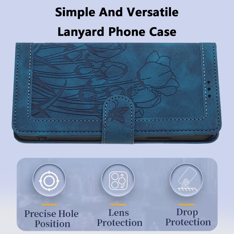 For Samsung Galaxy S23 Ultra 5G Tulips Embossed Leather Phone Case with Lanyard(Blue)