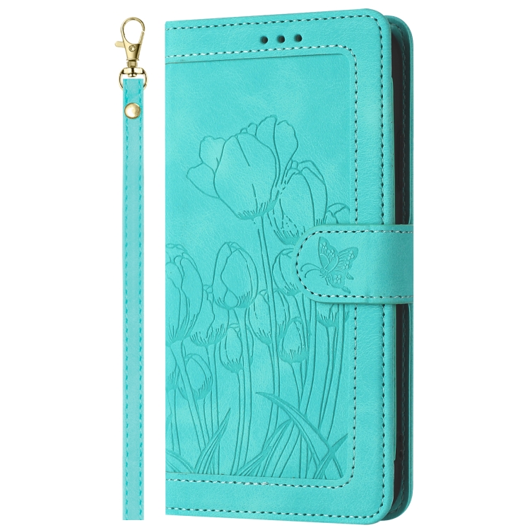 For Samsung Galaxy S23 5G Tulips Embossed Leather Phone Case with Lanyard(Green)