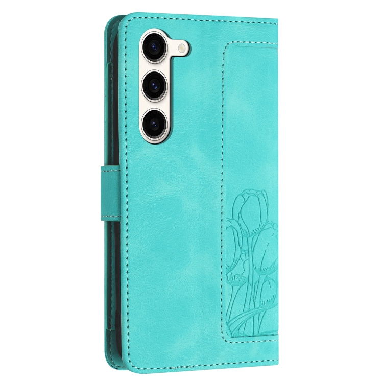 For Samsung Galaxy S23 5G Tulips Embossed Leather Phone Case with Lanyard(Green)