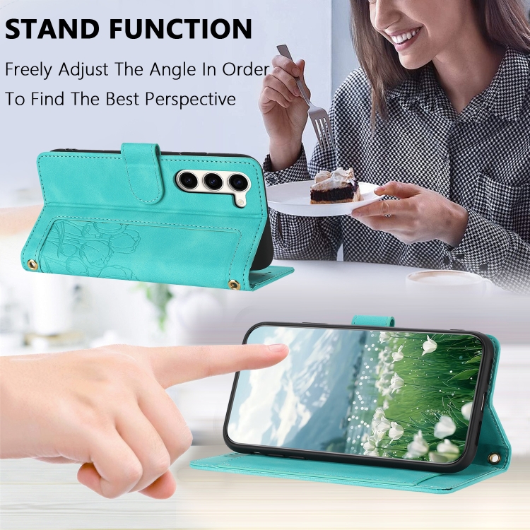 For Samsung Galaxy S23 5G Tulips Embossed Leather Phone Case with Lanyard(Green)