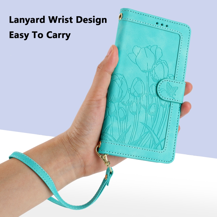 For Samsung Galaxy S23 5G Tulips Embossed Leather Phone Case with Lanyard(Green)