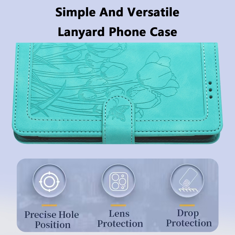 For Samsung Galaxy S23 5G Tulips Embossed Leather Phone Case with Lanyard(Green)