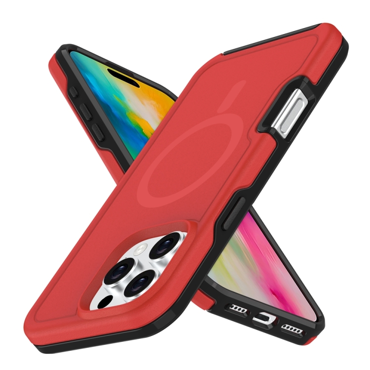For iPhone 16 Shockproof MagSafe Armor PC Hybrid TPU Phone Case(Red+Black)