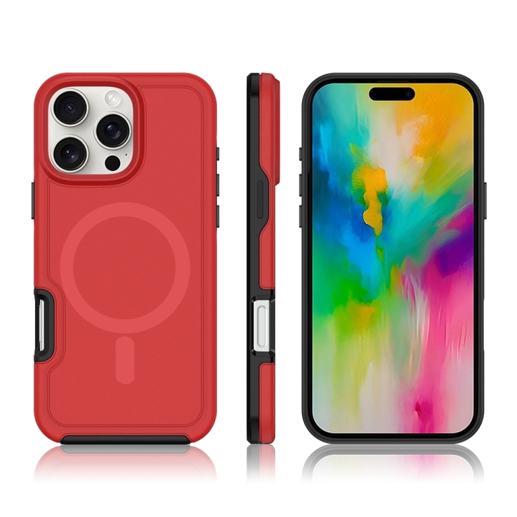 For iPhone 16 Shockproof MagSafe Armor PC Hybrid TPU Phone Case(Red+Black)