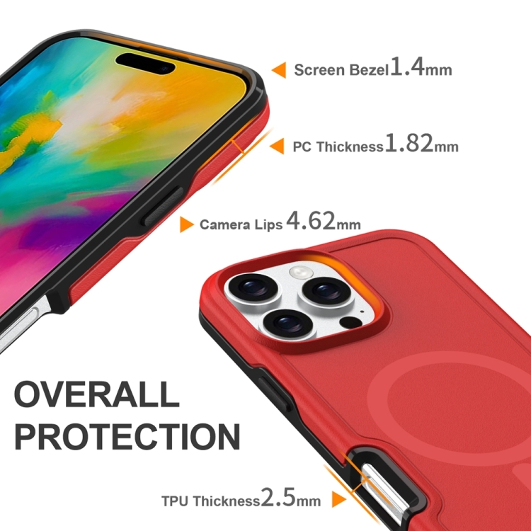 For iPhone 16 Shockproof MagSafe Armor PC Hybrid TPU Phone Case(Red+Black)