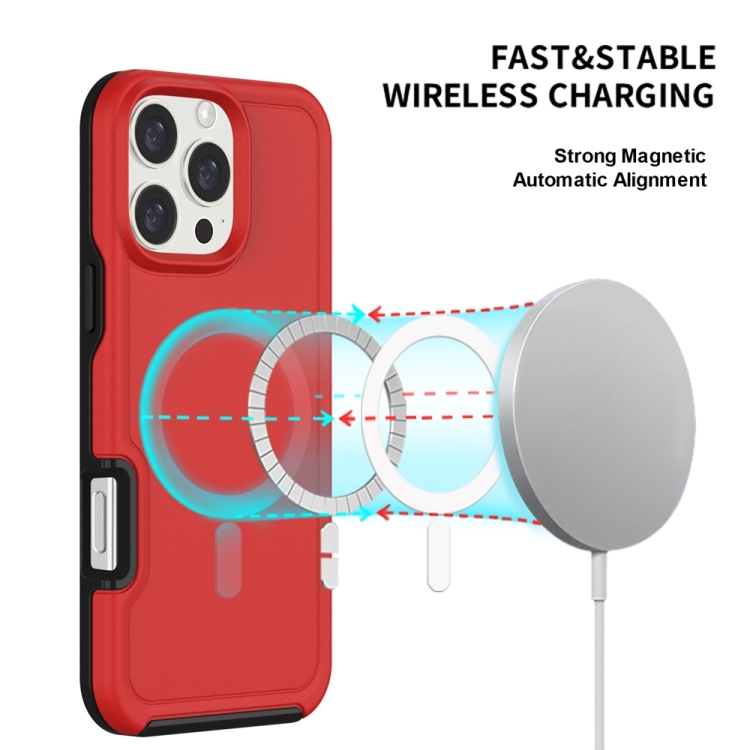 For iPhone 16 Shockproof MagSafe Armor PC Hybrid TPU Phone Case(Red+Black)