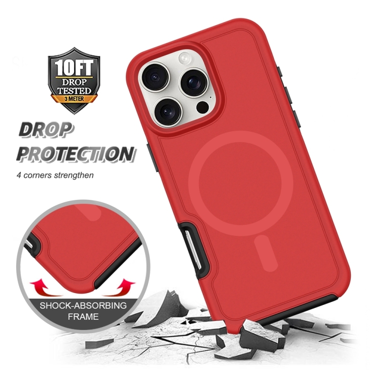 For iPhone 16 Shockproof MagSafe Armor PC Hybrid TPU Phone Case(Red+Black)