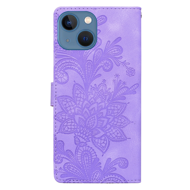 For iPhone 13 / 14 Lace Floral Embossed Magnetic Buckle PU Phone Case With Wrist Strap(Purple) For iPhone 13 / 14 Lace Floral Embossed Magnetic Buckle PU Phone Case With Wrist Strap(Purple)