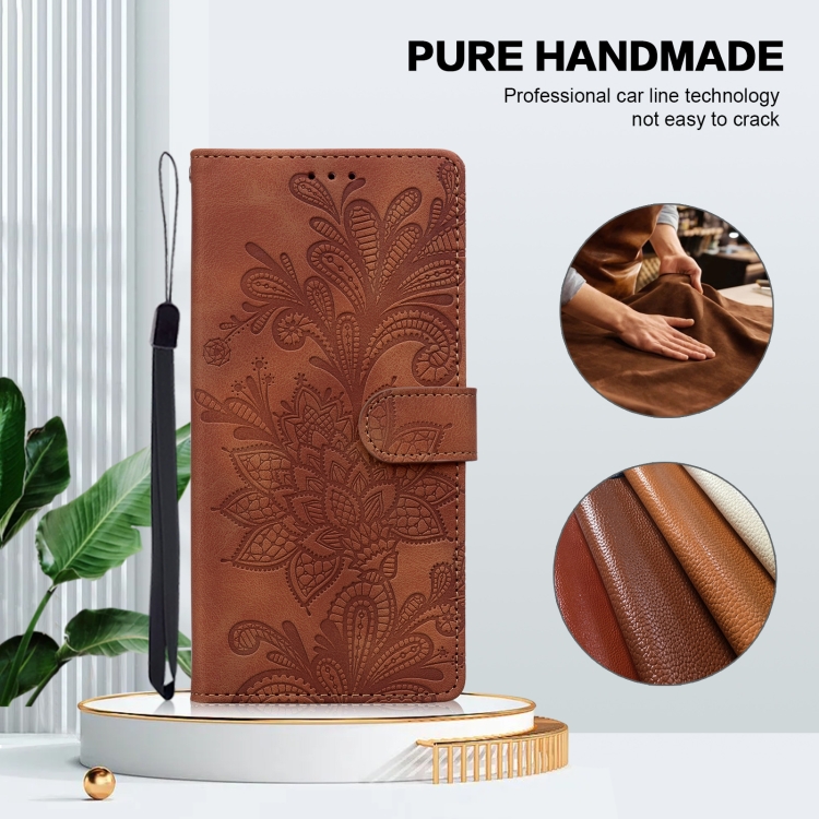 For iPhone 15 Pro Lace Floral Embossed Magnetic Buckle PU Phone Case With Wrist Strap(Brown) For iPhone 15 Pro Lace Floral Embossed Magnetic Buckle PU Phone Case With Wrist Strap(Brown)