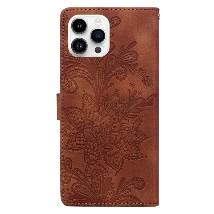 For iPhone 15 Pro Lace Floral Embossed Magnetic Buckle PU Phone Case With Wrist Strap(Brown) For iPhone 15 Pro Lace Floral Embossed Magnetic Buckle PU Phone Case With Wrist Strap(Brown)