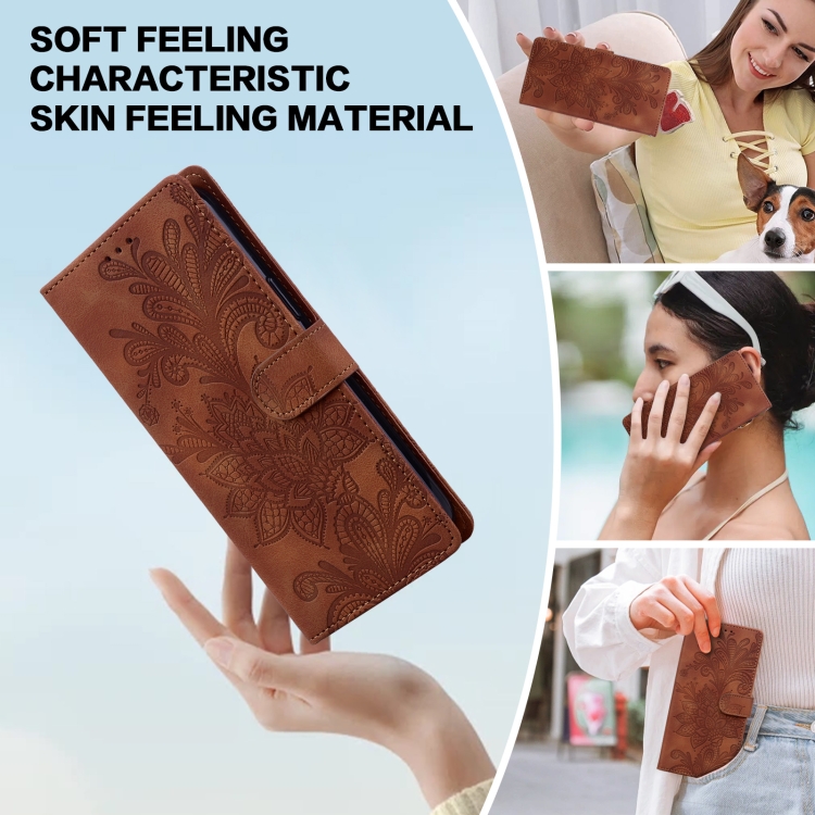 For iPhone 15 Pro Lace Floral Embossed Magnetic Buckle PU Phone Case With Wrist Strap(Brown) For iPhone 15 Pro Lace Floral Embossed Magnetic Buckle PU Phone Case With Wrist Strap(Brown)