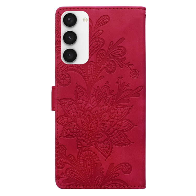 For Samsung Galaxy S23 5G Lace Floral Embossed Magnetic Buckle PU Phone Case With Wrist Strap(Red) For Samsung Galaxy S23 5G Lace Floral Embossed Magnetic Buckle PU Phone Case With Wrist Strap(Red)